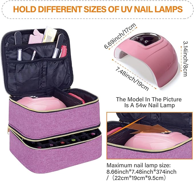 UOZL Nail Polish Organizer, Handheld Double Layer Organizer Holds 30 Bottles (15 ml/0.5 floz) with Adjustable Dividers for Nail Polish Small Manicure Lamp Manicure Tools Essential and Travel,Purple