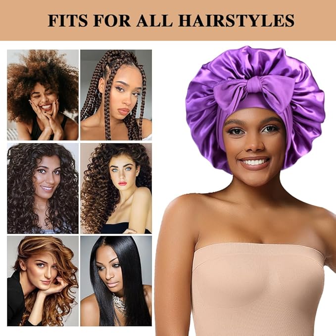 2+3 Large Satin Bonnets with Scrunchies for Women, Hair Bonnet Sleeping Tie Bonnet for Braids Curly Hair