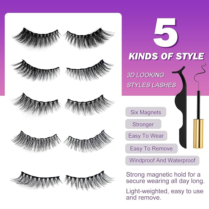 Royaomis 10 Pairs Cat-Eye Magnetic Eyelashes with Applicator Natural Look, 3D Magnetic Lashes With Eyeliner, Fake Eyelashes Magnetic, Eye Lashes Pack Natural Magnetic Eyelashes(New）