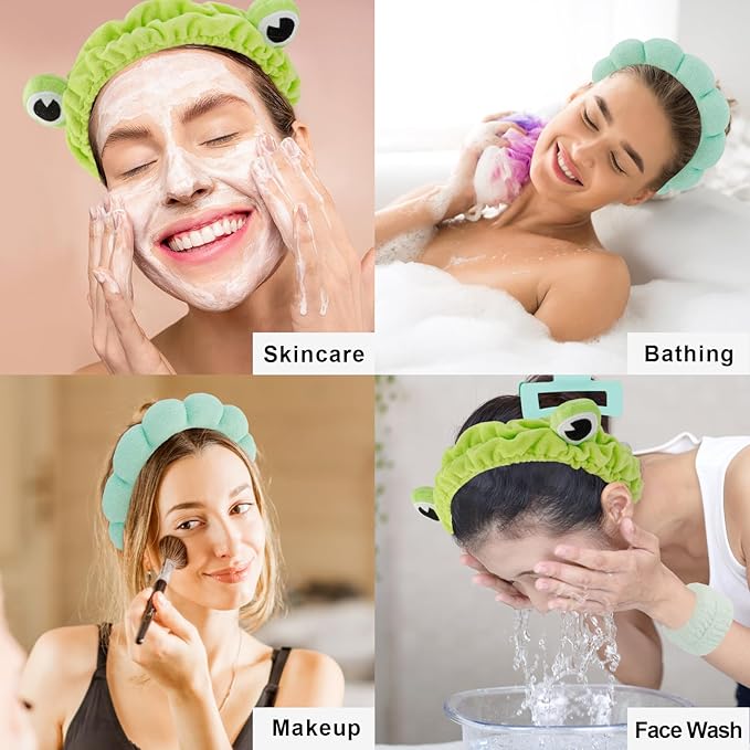Canitor Spa Headband Wrist Bands with Hair Clips Green Frog Makeup Skincare for Washing Face Skin Care Preppy Teen Girl Gifts Cute Trendy Stuff Hair Accessories for Women
