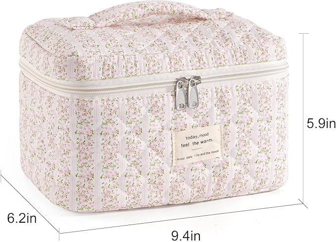 Makeup Bag for Women Quilted Cotton Make Up Bag Travel Cosmetic Bag Large Makeup Bag Cute Makeup Bags Organizer Floral Toiletry Bag Makeup Pouch for Purse, Pink Floral B-1PCS