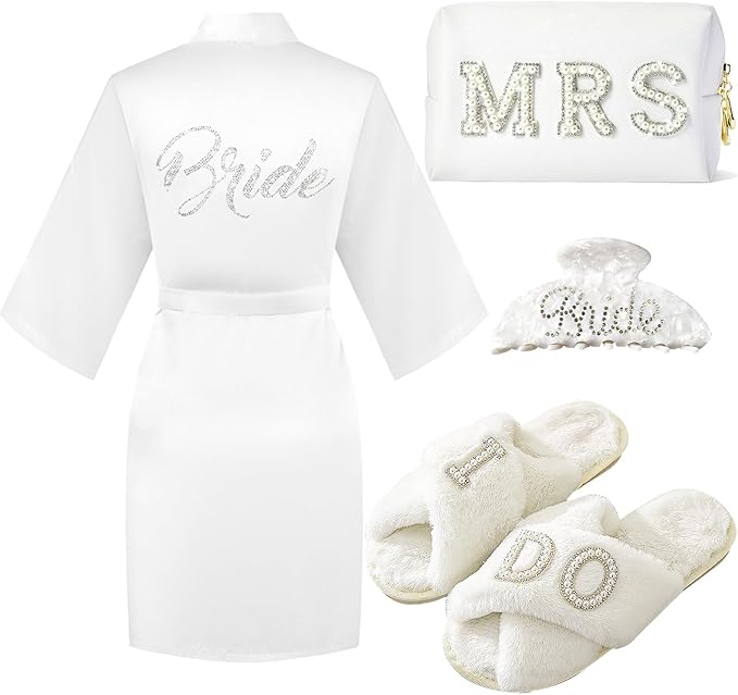 Bride to Be Gift Set - I Do Bride Slippers, Robe, Hair Claw, Makeup Bag - Bridal Shower & Wedding Gift