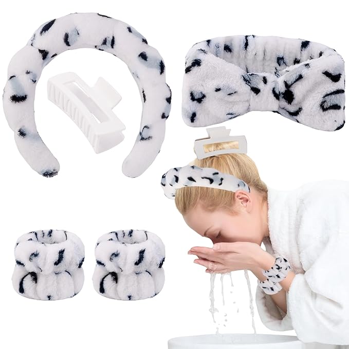 Canitor Spa Headband Wrist Bands with Hair Clips Dalmatian Print Makeup Skincare for Washing Face Skin Care Preppy Teen Girl Gifts Cute Trendy Stuff Hair Accessories for Women