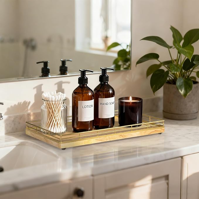 Large Bathroom Vanity Tray – 13" x 8" Oak Decorative Wooden Tray for Bathroom Countertop & Vanity Organizer, Wood Tray for Perfume Skincare Accessories Storage Vanity Dresser Decor Gold & Natural Oak
