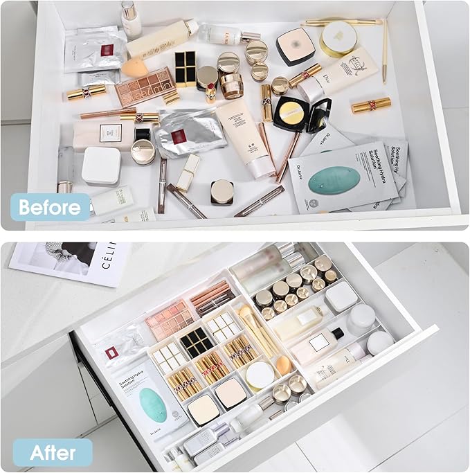 MIUOPUR Expandable Drawer Organizer, Width (10.6"-20.1") Depth (11"-20.1"), Plastic Makeup Drawer Organizer with 6 Removable Dividers, Silverware Organizer, Great for kitchen and Bathroom Drawers
