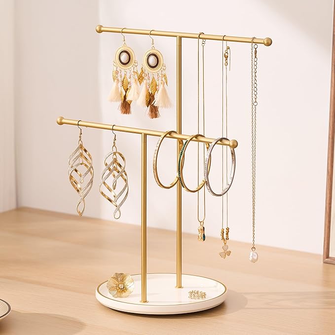 Gold Jewelry Holder Stand with Ceramic Tray: Small Hanging Necklace Organizer Tree for Earrings, Bracelets, Rings – Jewelry Display Hanger for Women & Girls, White