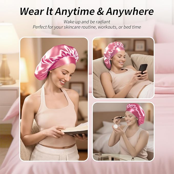 5 Pack Satin Bonnet for Women, 30cm Adjustable No-Slip Sleep Cap for Curly Hair, Breathable Head Wrap for Sleeping & Skincare