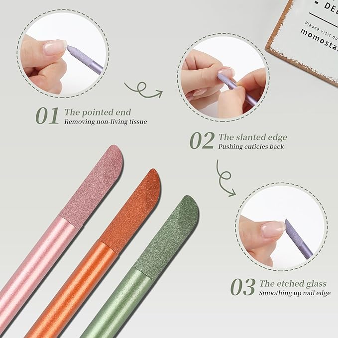 3Pcs Glass Cuticle Pusher, heemeei Crystal Cuticle Pusher Glass File, Dual-Ended Manicure Stick, Professional Precision Filing Cuticle Remover, Manicure Pedicure Tools for Nails and Cuticles Care…
