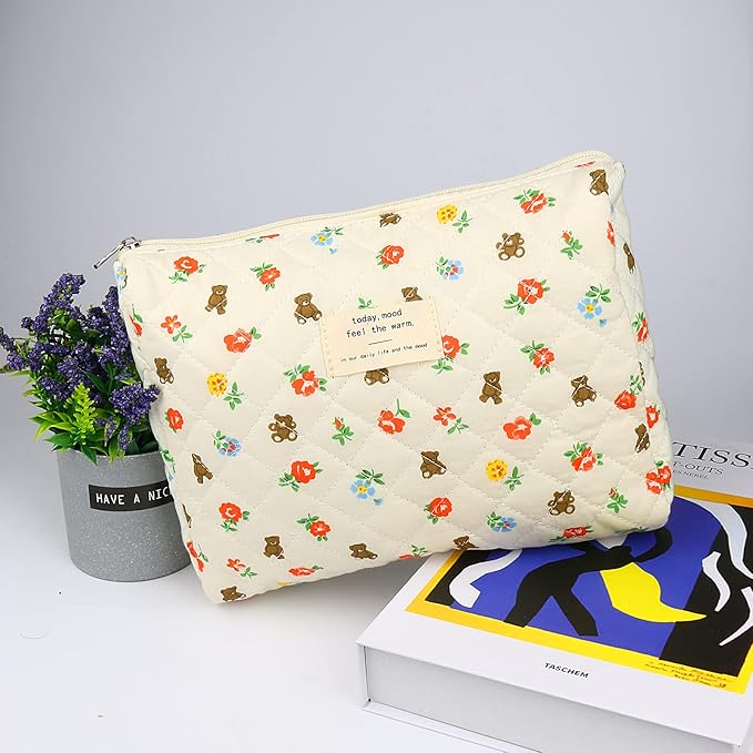 VIWIME Makeup Cosmetic Bag, Large Cotton Quilted Travel Coquette Aesthetic Cute Floral Make up Bag for Women Toiletry Bag Organizer (103- Bear/2Pcs)