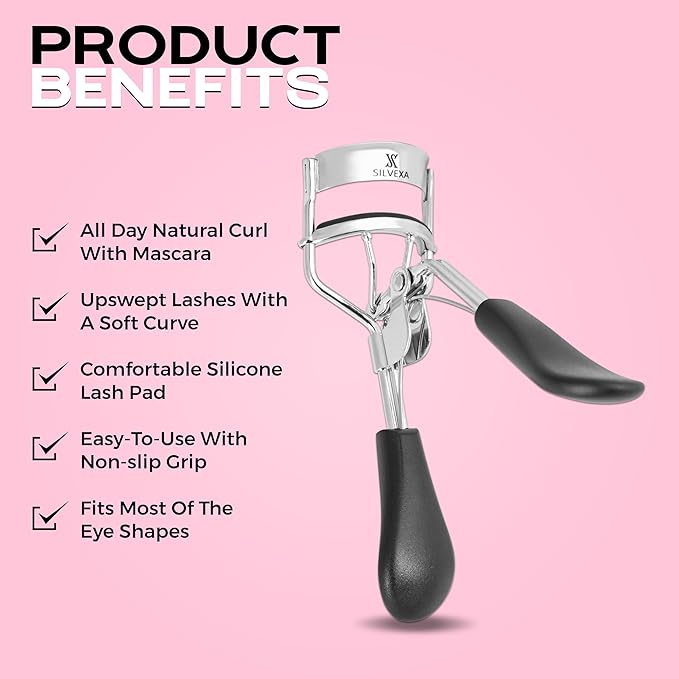Eyelash Curler with Comfort Grip – Professional Stainless Steel Lash Curler with Soft Silicone Pads | No-Pinch, Long-Lasting Curl for All Eye Shapes | Ergonomic Handle Makeup Tool (Black)