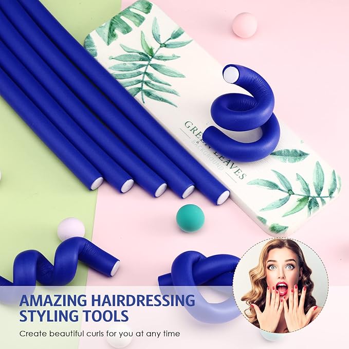 Syhood 30 Pcs Flexible Curling Rods 9.45 Twist Foam Rollers Soft Foam No Heat Hair Rods Rollers and 1 Steel Pintail Comb Rat Tail Comb for Women Long Short Hair(Dark Blue,9.45 x 0.55 Inch)