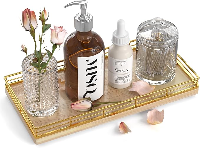 Bathroom Vanity Tray – 12" x 6" Oak Decorative Wooden Tray for Toilet Tank Organizer Wood Tray for Bathroom Countertop, Soap, Perfume & Storage, Vanity & Dresser Decor, Gold & Natural Oak