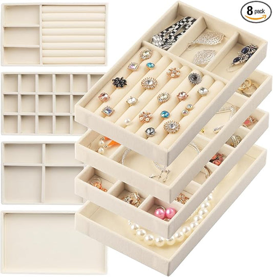 Jewelry Organizer Tray, Stackable Velvet Jewelry Trays, Jewelry Organizer for Drawer for Women, Jewelry Drawer Organizer for Rings, Necklaces, Set of 8 (Beige)