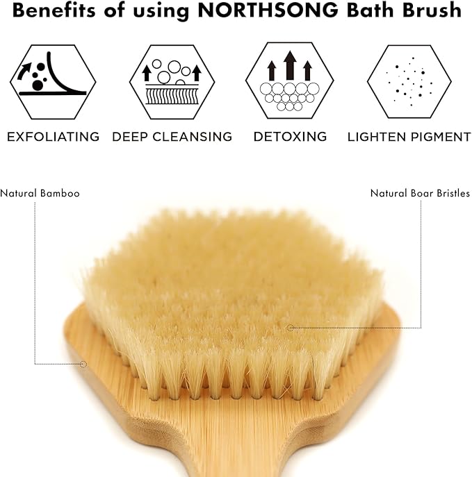 NORTHSONG Deep Cleaning Body & Face Scrubber Set Extra Long17.72Inch Bamboo Back Brush with Wild Boar Bristles&Gentle Facial Cleansing Brush for All Skin Types Ideal for Elderly, Sensitive Skin