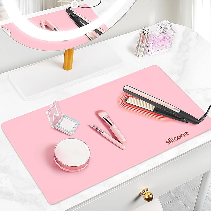 Silicone Makeup Mat for Vanity, 23.6" x 15.7" Heat Resistant Vanity Mat, Easy to Clean & Waterproof, Portable Makeup Accessories for Use While Traveling (Sakura Pink)