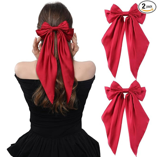 2PCS Big Hair Bow Clips for Women Girls – Red Satin Ribbon Bow Barrettes with Long Tails, Large Hair Accessories for Ponytail, Holiday, Party & Date Night