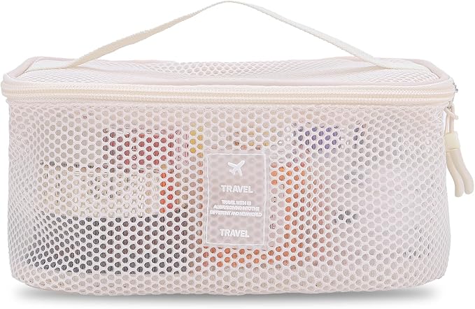 Mesh Makeup Bag, Breathable Cosmetic Bags with Zipper, Travel Lightweight Make Up Organizer Mesh, Toiletry Bag with Handle for Women Girls Gift, White