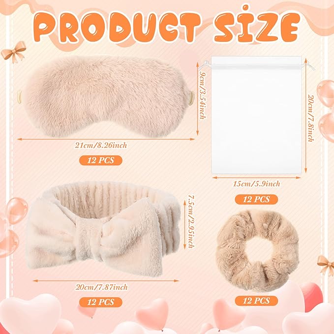 Mimorou 48 Pieces Galentine Spa Party Supplies 12 Spa Headband 12 Plush Sleep Eye Mask 12 Velvet Scrunchies 12 Organza Bags for Sleepover Slumber Party Favors Valentine Gift(Beige)