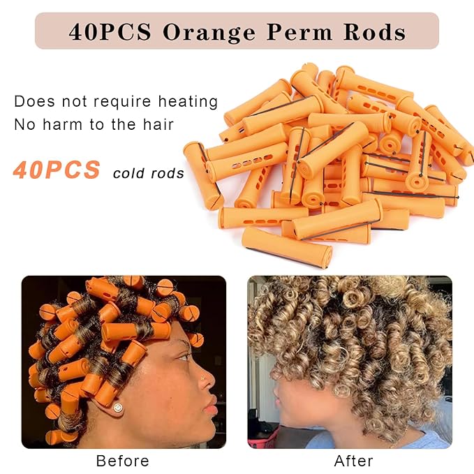 Cold Wave Perm Rods For Long Hair,40PCS Orange Plastic Curling Rods For Short & Natural Hair,DIY Perming Rods For HairStyling(Orange 40Pcs)