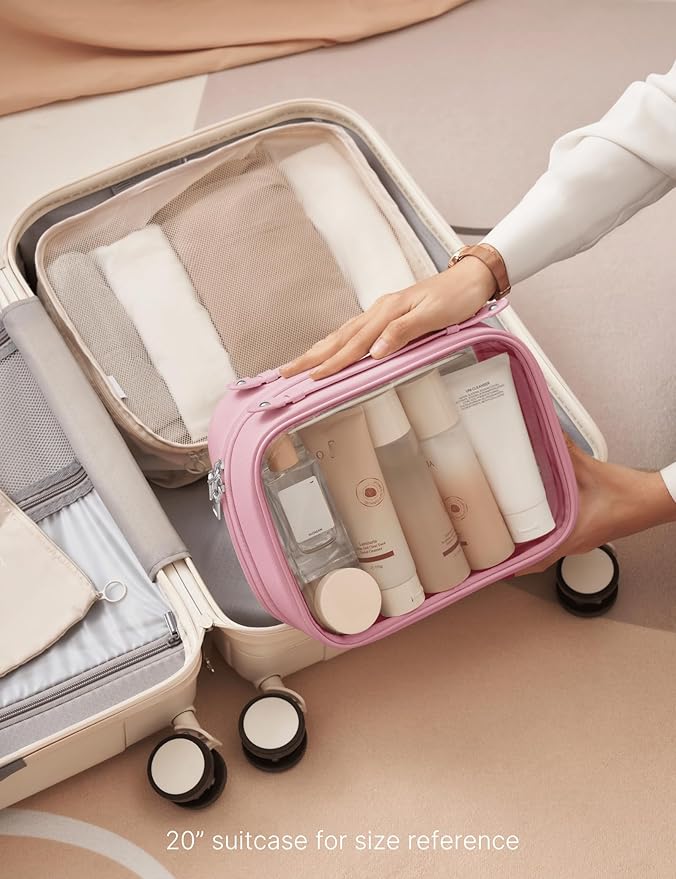 Oaque Clear Cosmetic Bag Double Layer Travel Toiletry Bag Clear Makeup Bag Case with 4 Compartments, Transparent Travel Bag for Toiletries, Large Toiletry Bag for Women Cosmetic Case (Pink, Large)