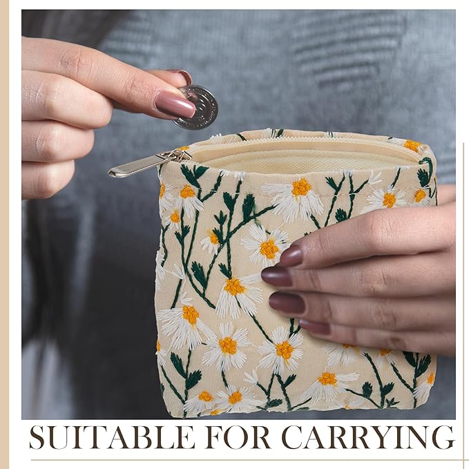 Abbylike 4 Pcs Small Makeup Bag Corduroy Cosmetic Pouch with Zipper Portable Little Bags for Purse Mini Pouch Cute Makeup Purse for Coin Essentials Items Women(Embroidery)