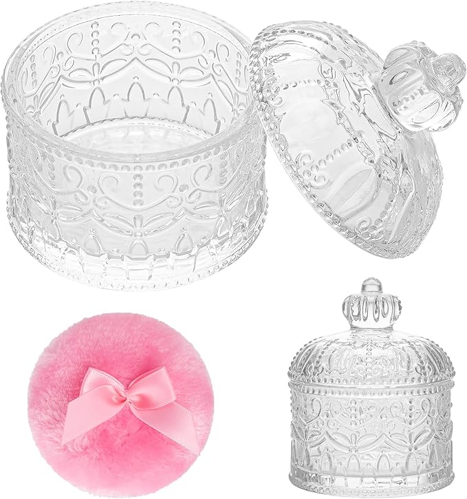 2 Pcs Large Body Powder Puff and Container, Powder Container with Puff, Dusting Powder Puff Crystal Case, Body Powder for Women Soft Washable Reusable Velour Face Body Glitter Wet Dry Makeup(Crown)