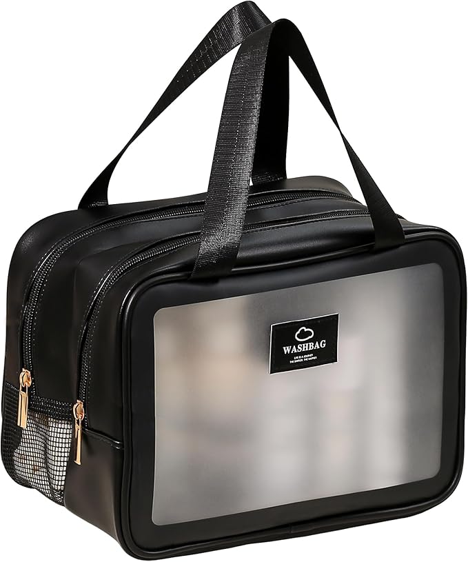 Large Travel Toiletry Bag with Dry Wet Separation–Waterproof Wash Bag for Man and Women, Clear & Matte shower bag for Gym, Overnight, Swimming, and Business Trips (Black)