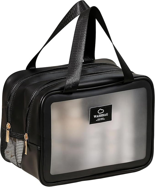 Large Travel Toiletry Bag with Dry Wet Separation–Waterproof Wash Bag for Man and Women, Clear & Matte shower bag for Gym, Overnight, Swimming, and Business Trips (Black)