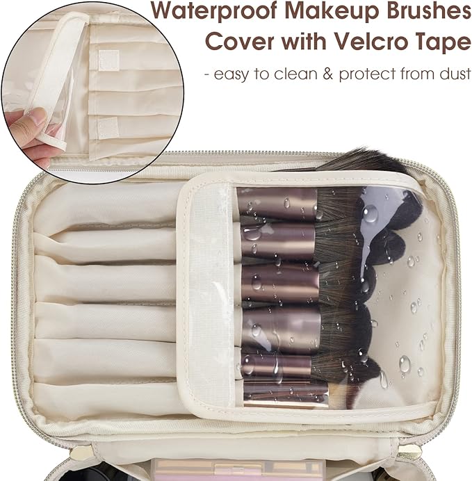 Wandering Nature Makeup Bag, Travel Make Up Organizer Cosmetic Brush Bags Case for Women in Vegan Leather, Milky White, Patent Pending