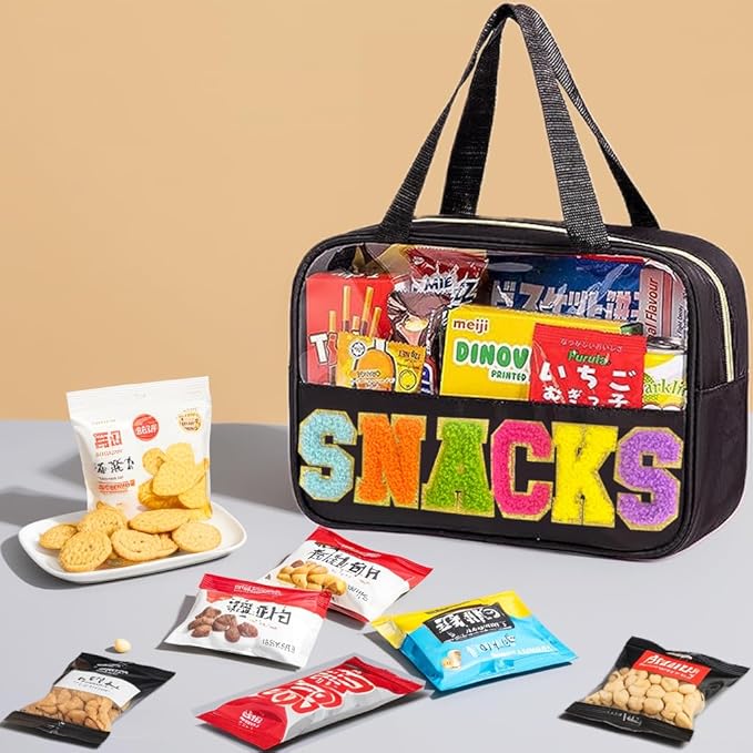 Chenille Letter Snacks Bag Clear Snack Bag Pouch with Handle and Zipper Waterproof Nylon Portable Travel Tote Makeup Bag for Women