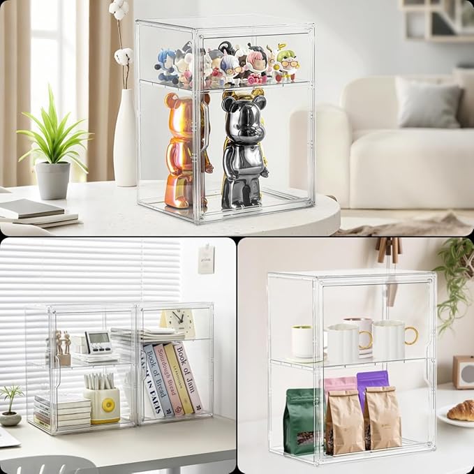 Attelite Acrylic Display Case Compatible with POP MART Labubu Display Case 4 Pack Clear Display Box with Magnetic Door for Figures Collectibles, 3 Adjustable Layers with a Removable Divider,X Large