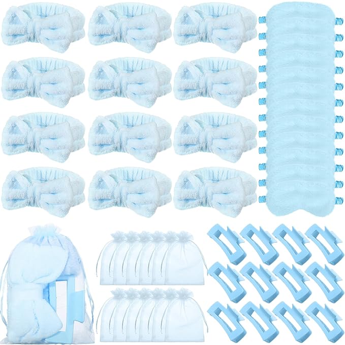 48 Pcs Galentine Spa Party Supplies Sleepover Essentials 12 Spa Headband 12 Plush Eye Mask 12 Claw Clips 12 Organza Bag for Adult Slumber Party Supplies Valentine Gift(Blue)