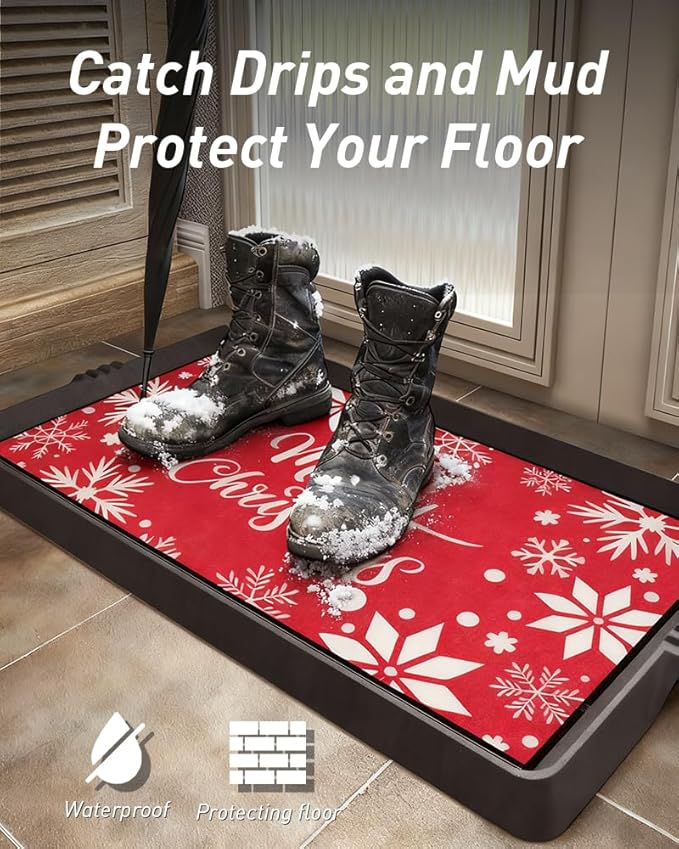 Christmas Boot Tray Mat - Heavy Duty Snow & Water Catch Tray, Waterproof Rubber Shoe Mat with Lip for Entryway, Indoor & Outdoor Holiday Decor Storage (16"x27.5")