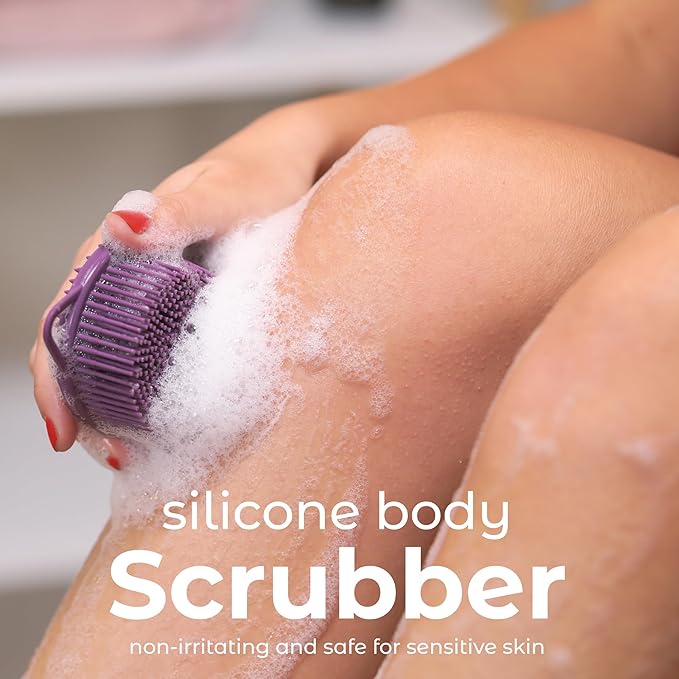MainBasics Silicone Body Scrubber Dual-Sided Shower Loofah and Exfoliator (Purple, Exfoliate)