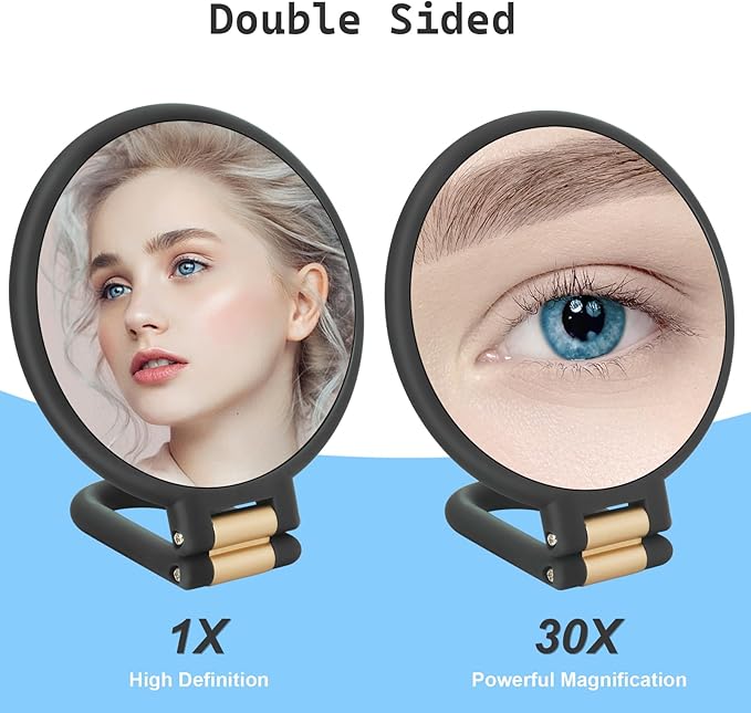 30x Magnifying Mirror, Travel Hand Mirrors with Handle - Double Side Handheld Mirror with 1X 30X Magnification & Adjustable Handle/Stand, Hand Held Foldable Travel Mirror for Makeup(Black)