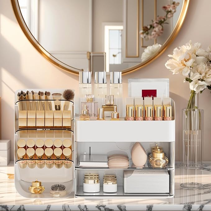 FYABREEK Makeup Organizer with 2 M Drawers & Brush Holders - Cosmetic Storage Case for Vanity, Bathroom Countertop & Desk - Skincare & Office Supplies Organizer (Cream, M)