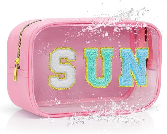 Clear Makeup Bag,Waterproof Sunscreen Bag with Letter Patches,Travel Beach Pool Bag,Personalized Travel Toiletry Cosmetic Bags Gifts For Girl Women Mom Teacher Nurse (Pink-Blue Tone Sun)