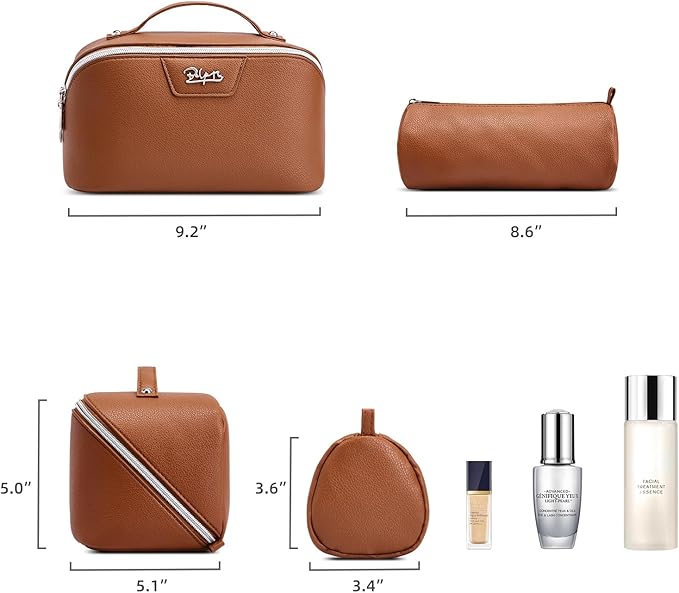 BOYATU Travel Makeup Bag Cosmetic Bags for Women: Large Capacity 3 Pcs Set Make up Bag with Compartments - Waterproof Vegan Leather Toiletry Organizer Bags with Handle (N-66Brown)