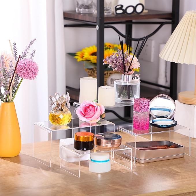 Chuangdi 20 Pcs Acrylic Display Risers, Clear Product Stand, Jewelry Display Riser Shelf Showcase Fixtures for Figure Dessert Cupcake Candy Action Showcase(Extra Large Set)