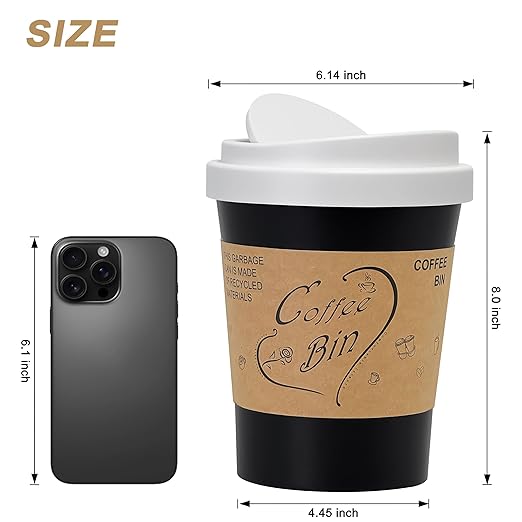 Soddeph Plastic Mini Trash Can with Swing-Top Lid, 0.9 Gallon Desktop Waste Bin for Coffee Table, Office, Small Countertop Wastebasket for Counter, Vanit (White Lid + Black Can, Small)