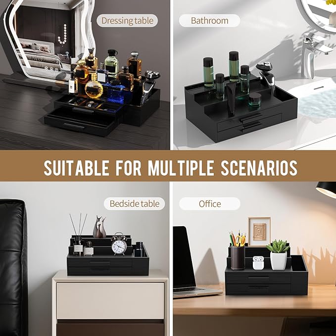 Cologne Organizer for Men,3 Tier Cologne Stand with 2 Drawer and Side Extended Storage Space,Wood Perfume Stand Organizer，Great Gift Packing Box for Men and Women-Black