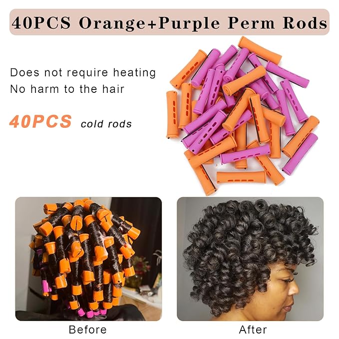 Perm Rods For Short Hair 2 Sizes Orange Purple Perm Rods Set For Black Women 40PCS Cold Wave Rods For Long Hair(40Pcs,Orange+Purple)