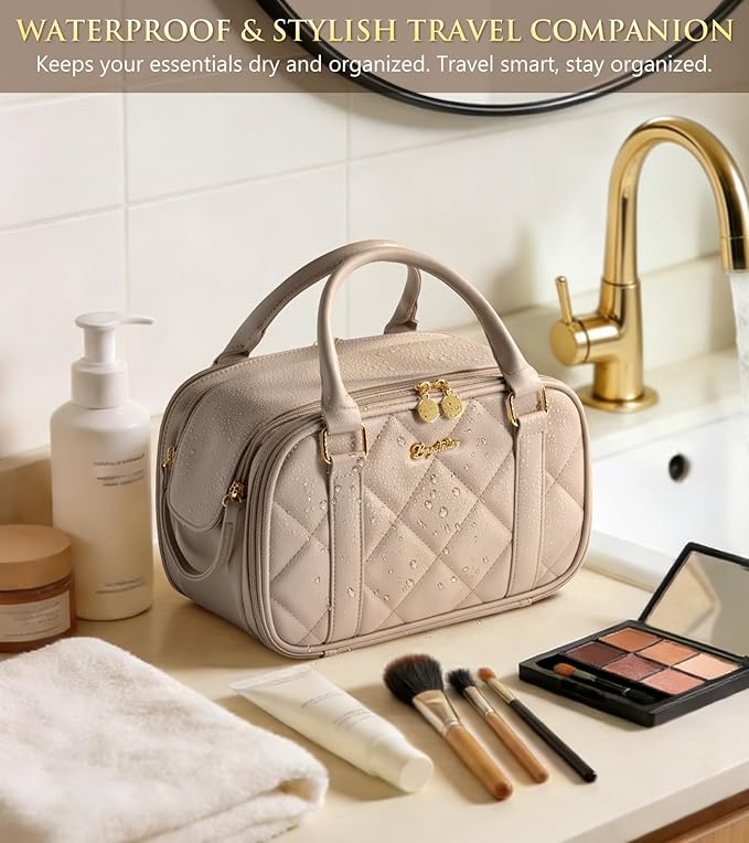 Travel Makeup Bag, Large Capacity Quilted Toiletry Bag for Women Stand-up Cosmetic Bag Open Flat Make Up Case Organizer Portable Pouch Purse w/Handle for Traveling Accessories, Sage Green