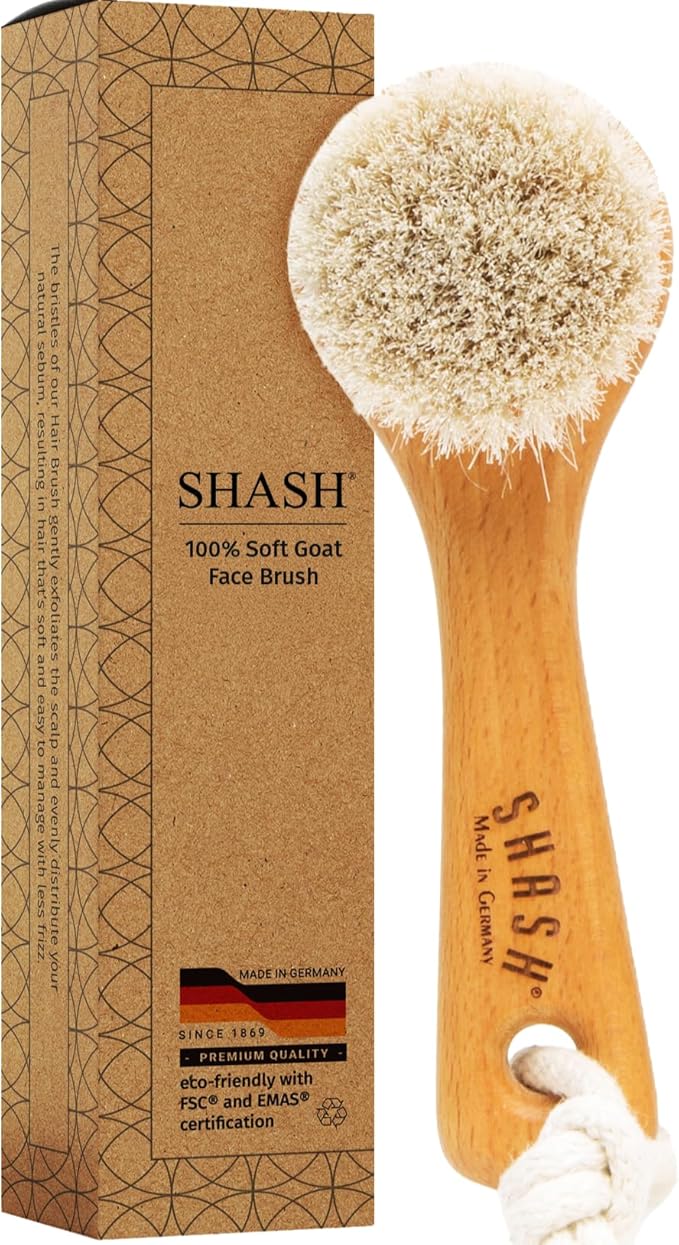 SHASH Since 1869 Hand Made in Germany - Sustainable Exfoliating Face Brush, Scrub Cleansing Brush, Exfoliates Skin to Help Reduce Flaking, Fine Lines, Supports Glowing Complexion (Soft Goat Bristle)