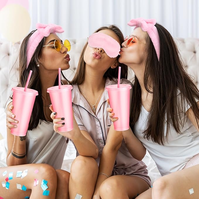 Hoteam 24 Pcs Spa Party Supplies for Women Sleepover Slumber Party Favors Include 6 Pink Spa Headband 6 Velvet Scrunchies 6 Eye Mask 6 Pink Plastic Cups Tumbler Valentine Galentine Gift for Beauty