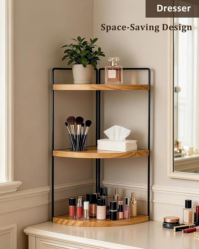 3-Tier Bathroom Corner Counter Organizer, Solid Wood Countertop Organizer, 3-Coat Waterproof Paint & Sturdy Metal Frames | Space-Saving Vanity Storage for Toiletries/Cosmetics (Natural)