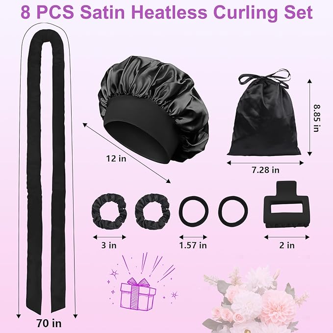 70" Heatless Curls Overnight Hair Curlers to Sleep In for Long Hair, Overnight Curls Heatless Hair Curler No Heat Curlers, Soft Satin Heatless Curling Set with Bonnet for Women - 8 PCS, Black