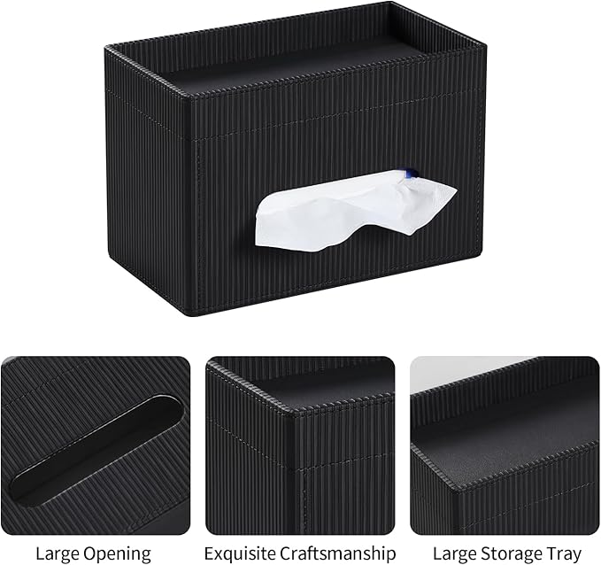 Tissue Box Cover Rectangle with Storage Tray, PU Leather Tissue Holder for Bathroom Vanity Countertop Night Stands Bedroom Office Desk, Stylish Rectangular Tissue Box Holder (Black)