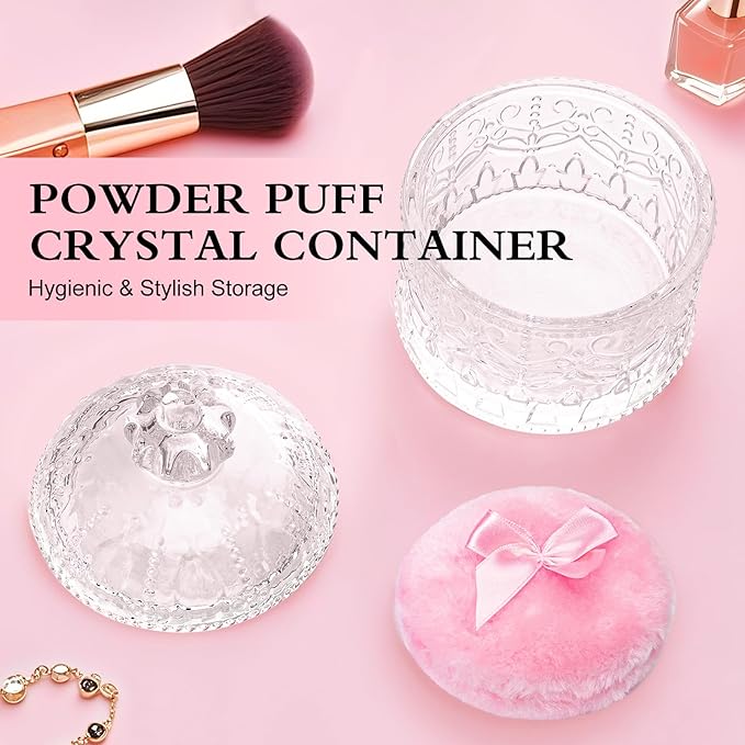 2 Pcs Large Body Powder Puff and Container, Powder Container with Puff, Dusting Powder Puff Crystal Case, Body Powder for Women Soft Washable Reusable Velour Face Body Glitter Wet Dry Makeup(Crown)