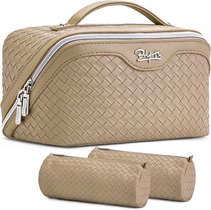 BOYATU Travel Makeup Bag Cosmetic Bags for Women: Large Capacity 3 Pcs Set Make up Bag with Compartments - Waterproof Vegan Leather Toiletry Organizer Bags with Handle (L37 Apricot)